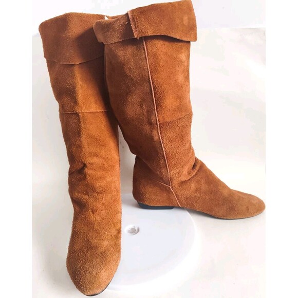 Nuetral Zone Boho Flat Foldover Camel Tan Leather Suede Knee High Boots Size 8 - Picture 7 of 11